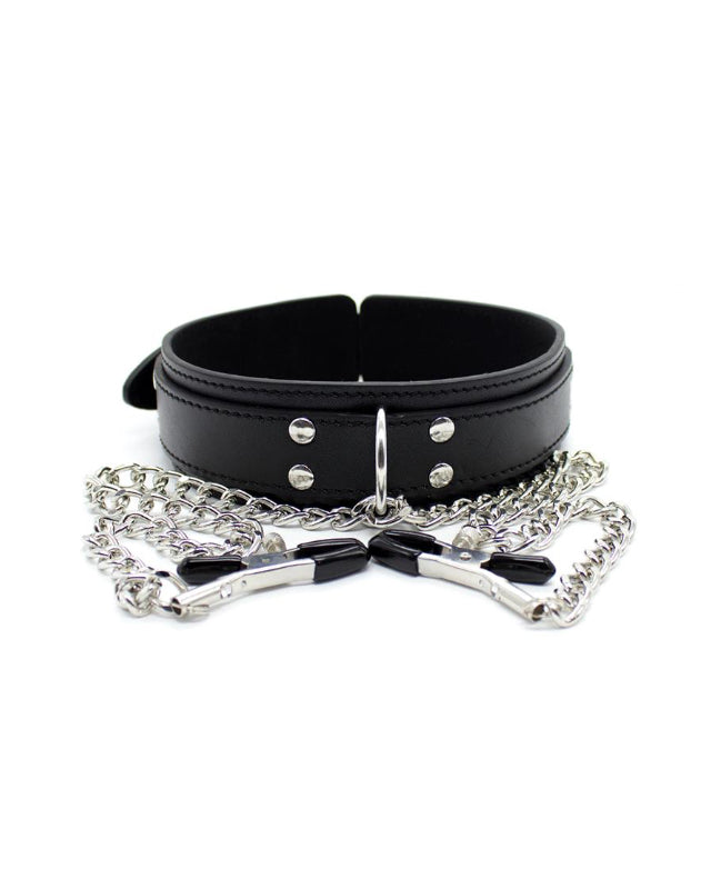 Collar with Nipple Clamps and metal Chain Black