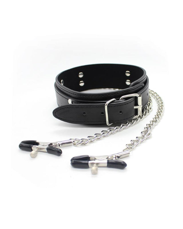 Collar with Nipple Clamps and metal Chain Black