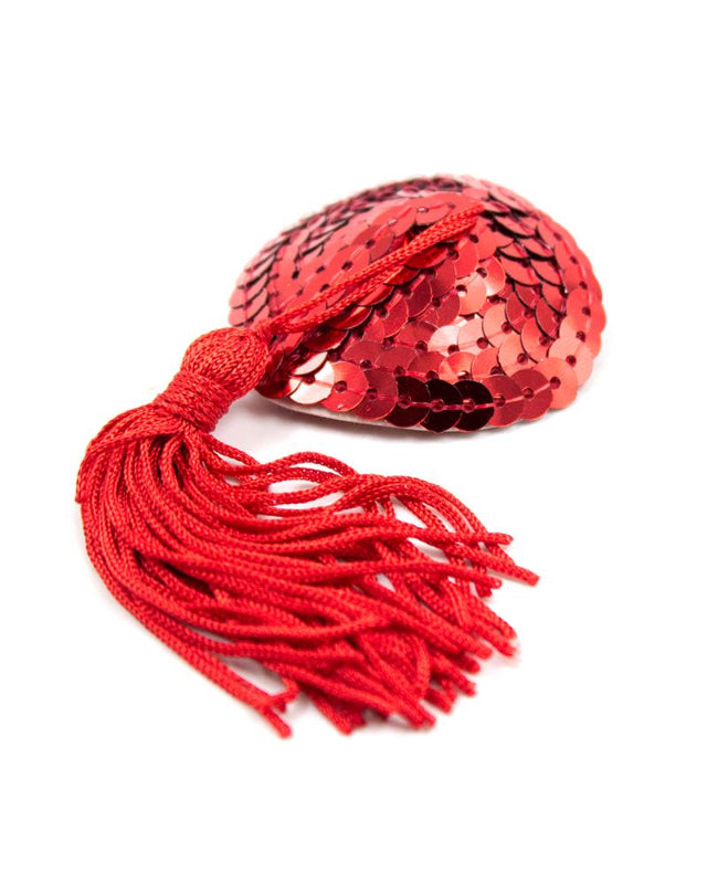Heart Sequin Nipple Cover with Tassel Red