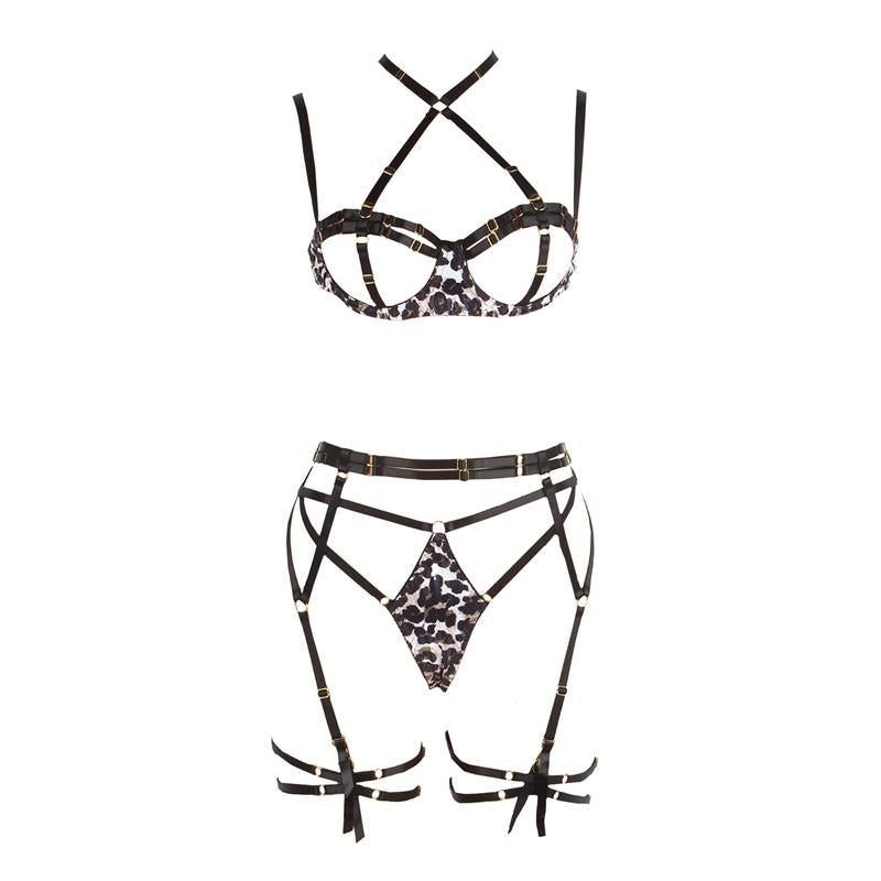Lily Bra Thong Garter Belt and Leopard Print Garters Set