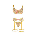 Zoey Bra Thong Garter Belt and Yellow Floral Garters Set