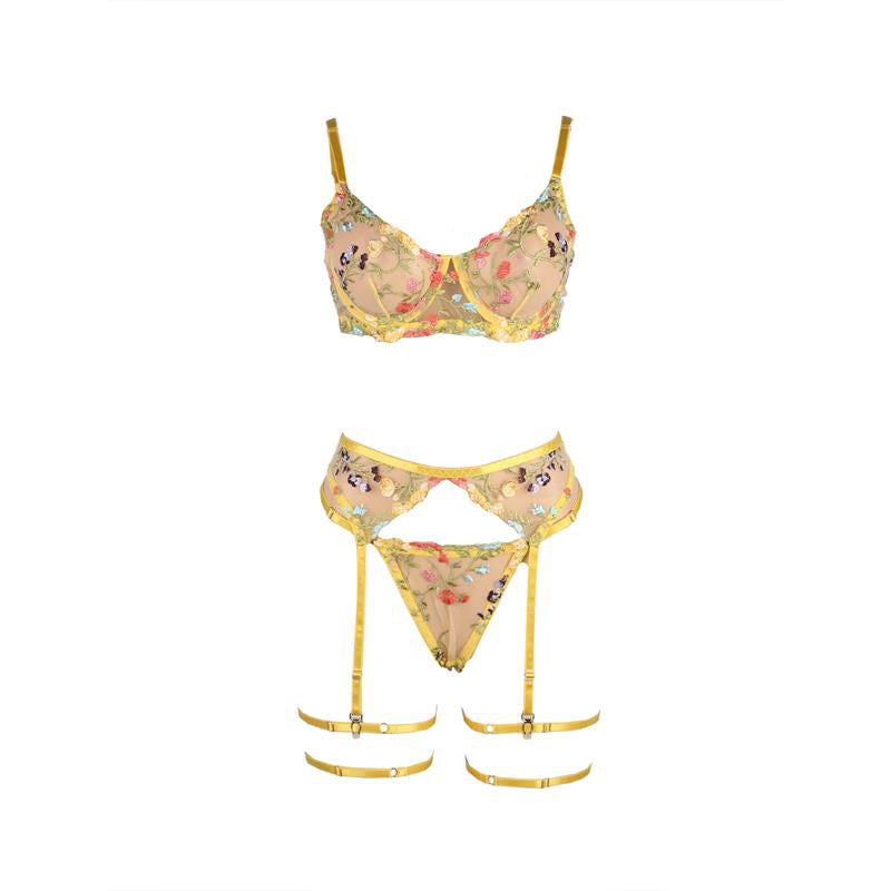 Zoey Bra Thong Garter Belt and Yellow Floral Garters Set