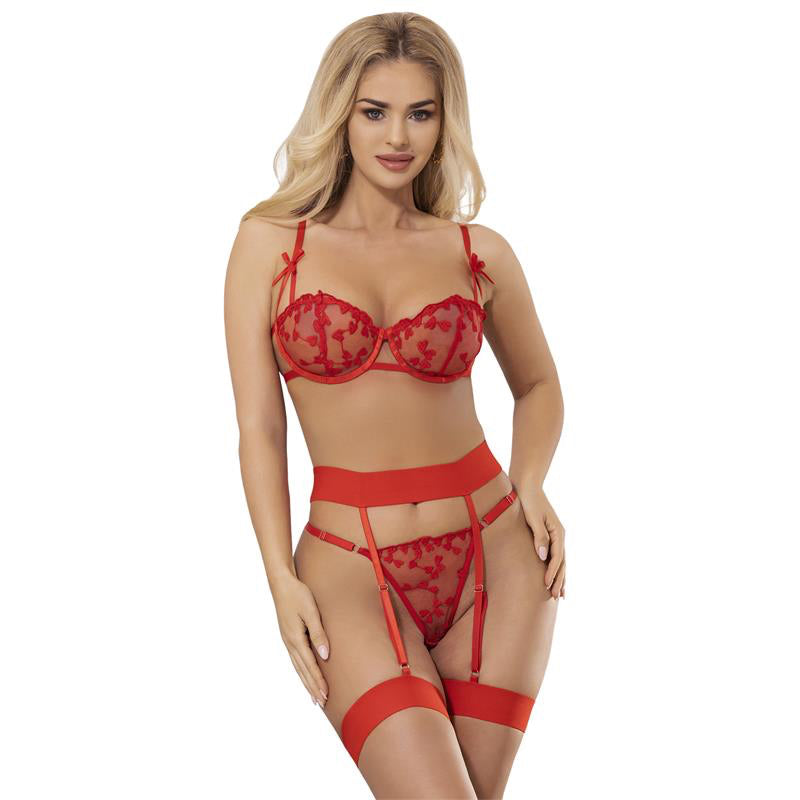 Yvonne bra thong and garter belt Set with Hearts Red