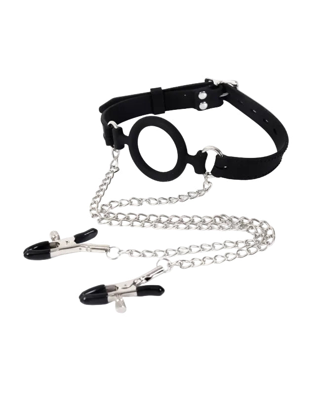 Open Mouth Gag with Nipple Clamps